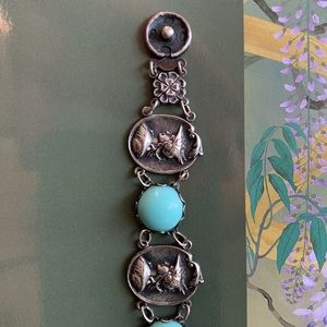 Victorian Snap Closure Faux Turquoise Bracelet and Green Stone Brass pendant
